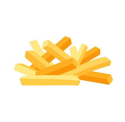 French Fries concept. Colorful sticker with fried vegetable sticks. Delicious fast food. Design element for posters and websites. Cartoon flat vector illustration isolated on white background