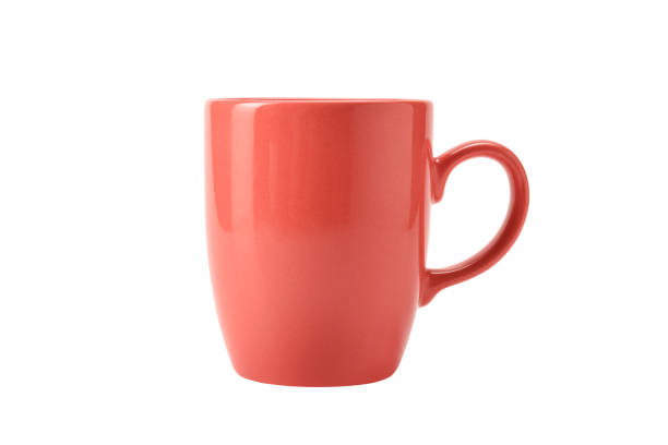 Coffee or tea cups on black background. Yellow mug. Red cup. Corporate colors. ceramic mugs