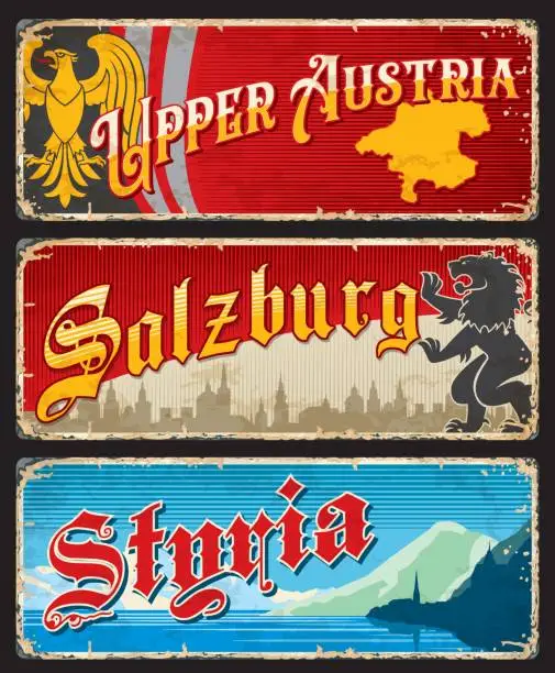 Vector illustration of Upper Austria, Salzburg and Styria regions plates