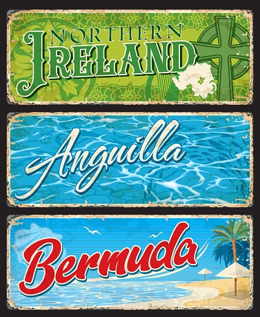 Northern Ireland, Anguilla and Bermuda british regions plates, vector tin signs. UK provinces or Britain lands welcome metal plates with landmarks, region maps and crest emblems of Irish castles
