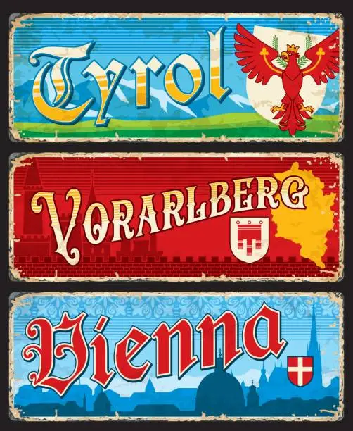 Vector illustration of Tyrol, Vienna, Vorarlberg austrian regions plates