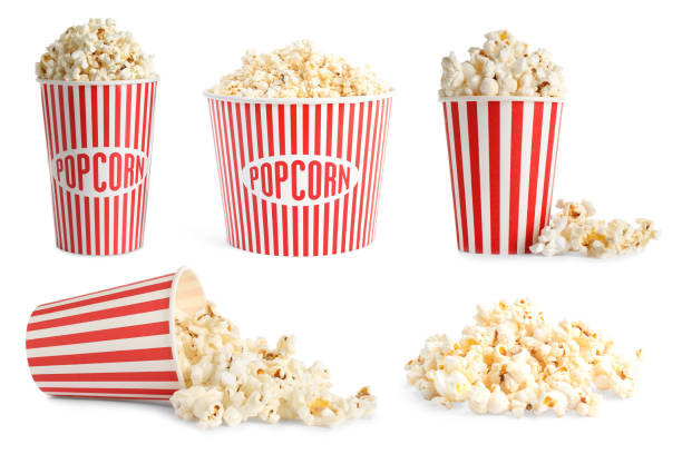 istock Collage with tasty popcorn on white background 1363851093