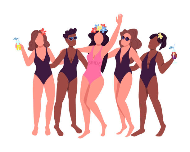 ilustrações de stock, clip art, desenhos animados e ícones de bridesmaids on beach party semi flat color vector characters - wedding african descent american culture bride