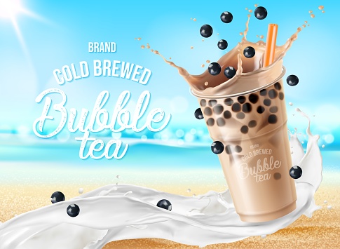Bubble milk tea with wave splash and chocolate. Vector ad poster with milk tea drink. Boba tea with tapioca grains fall in transparent plastic cup and white liquid flow realistic 3d