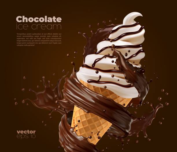 Chocolate soft serve ice cream with choco splash Chocolate soft serve ice cream with choco splash and swirls. Vector poster with realistic icecream in waffle cone and splashing brown sauce. Sweet creamy dessert, dairy frozen sweety food vanilla ice cream stock illustrations