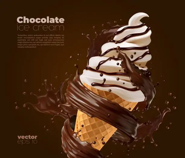 Vector illustration of Chocolate soft serve ice cream with choco splash