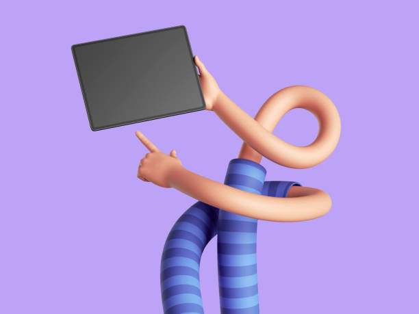 istock 3d render, funny cartoon flexible tangled hands hold digital graphic pad with blank screen. Funny clip art isolated on violet background. Swipe concept touchscreen technology 1363852442