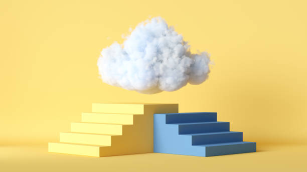 istock 3d render, white cloud flies above the blue platform with steps, isolated on yellow background. Modern minimal scene. Abstract uniqueness metaphor 1363853010