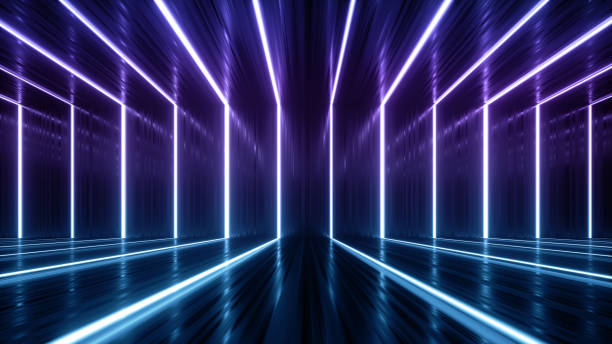 istock 3d render, abstract geometric background with glowing stripes, empty room with floor reflections 1363853104