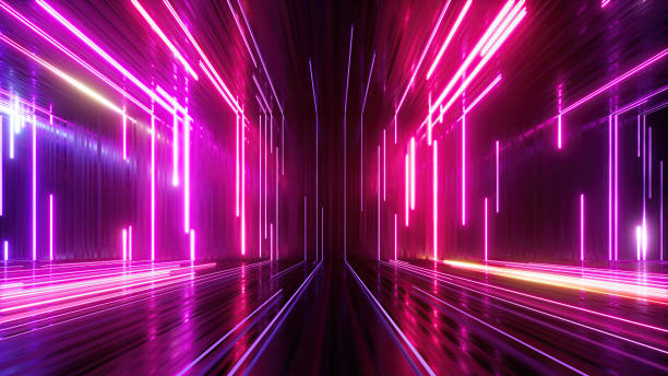 renderização 3d, fundo de neon abstrato com linhas brilhantes, sala vazia com reflexos do chão - largo descrição física - fotografias e filmes do acervo