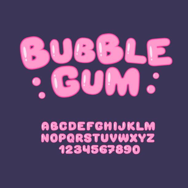 Bubble gum sweet alphabet. Bubble gum sweet font. English candy alphabet. Pink letters and numbers from 0 to 9. typographies stock illustrations