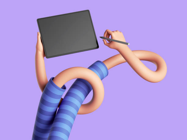 3d render, funny cartoon flexible tangled hands hold digital pen and tablet. Elastic arms. Digital signature concept. Unusual creative clip art isolated on violet background