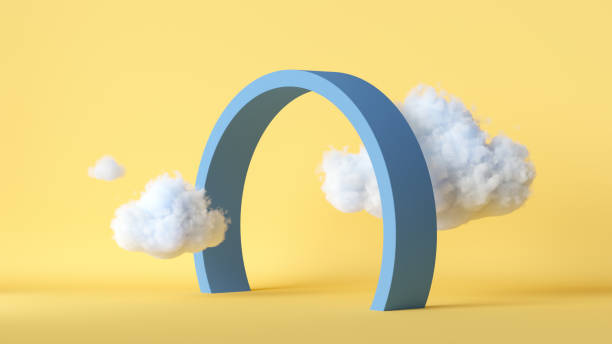 istock 3d render, abstract yellow background with white clouds flying under the round blue arch. Modern minimal scene 1363853510