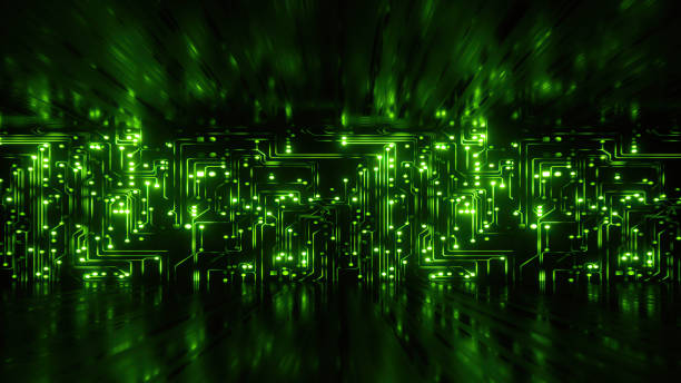 istock 3d render, abstract cyber background with green neon fluorescent lines glowing. Virtual reality matrix, digital high tech wallpaper 1363853585