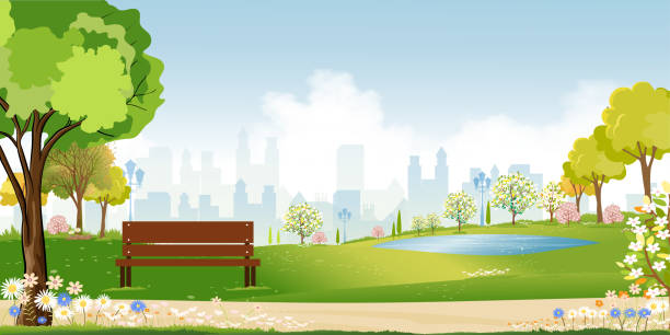 ilustrações de stock, clip art, desenhos animados e ícones de spring landscape at city park in the morning, natural public park with flowers blooming in the garden, peaceful scene of green fields with blurry cityscape building, cloudy and sun on summer - scenics pedestrian walkway footpath bench