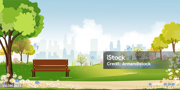 istock Spring landscape at city park in the morning, Natural public park with flowers blooming in the garden, Peaceful scene of green fields with blurry cityscape building, cloudy and sun on summer 1363853623