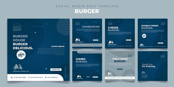 Square blue social media post template with simple circle design. social media advertisement template with burger design.