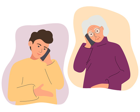 The male character communicates with his elderly mother or grandmother on a cell phone. Family correspondence, dialogue. Family relationships. Trendy flat vector illustration.