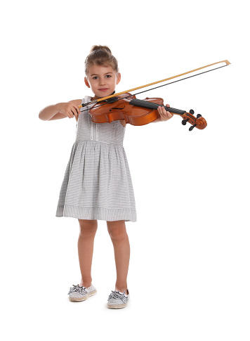 Little girl playing violin on white background