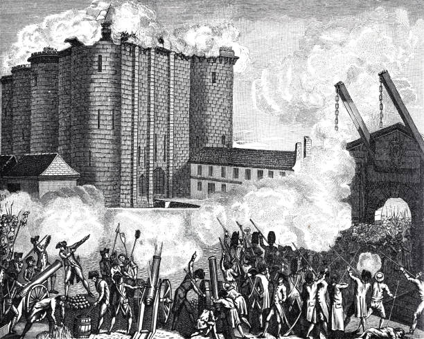 The storming of the Bastille on July 14, 1789 Illustration from 19th century. storming stock illustrations