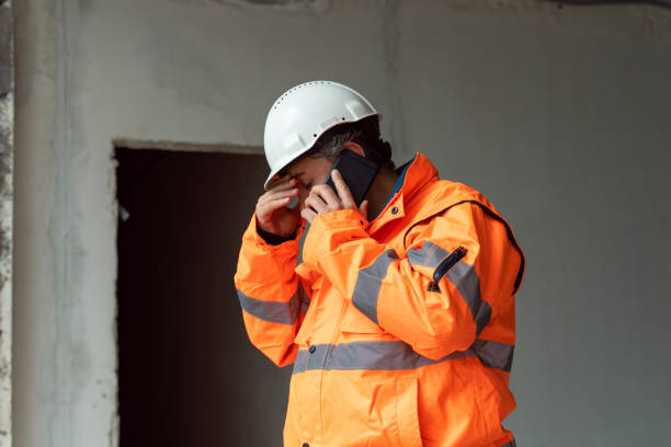 engineer talking by phone at construction site - manual worker portrait helmet technology imagens e fotografias de stock