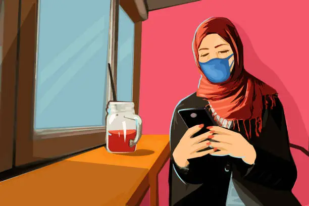 Vector illustration of Muslim woman with a protective face mask