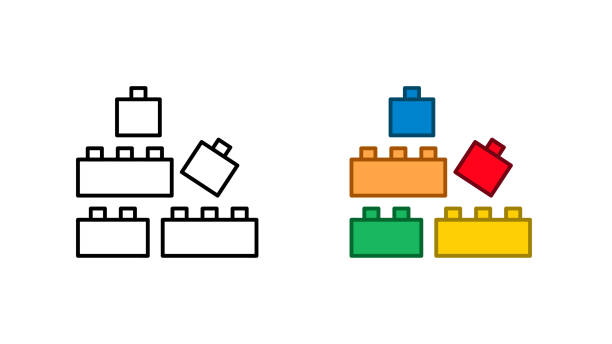 Interlocking brick block cubes baby toy icon special collection. Colorful and linear children's products icon set. Design element colored flat icon and linear symbol. Editable linear icon set. building block stock illustrations