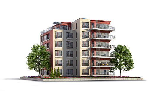 Modern residential building at the white background. 3d illustration