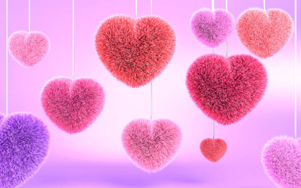 Abstract Valentine's Day Greeting Card Background with Colorful Soft Candy Pillow Heart Ornaments Hanging and Turning