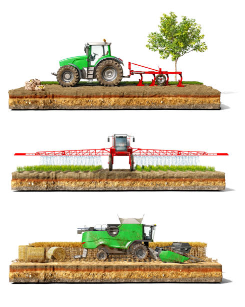 Set of different agricultural machines - tractor for plowing, irrigation machine for spraying, combine for harvesting, isolated on a piece of ground on a white background, 3d illustration