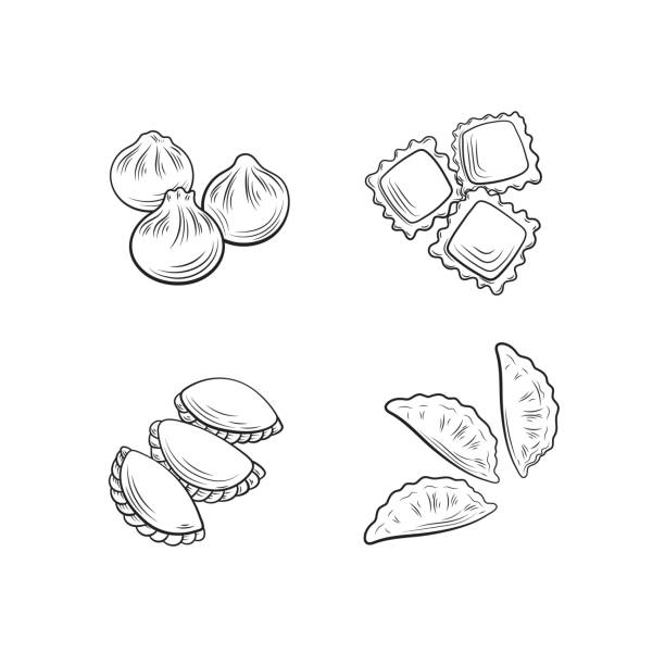 Vector set of different dumplings, outline drawings, black line illustration isolated. Vector set of different dumplings, outline drawings, black line illustration isolated on white background. pierogi stock illustrations