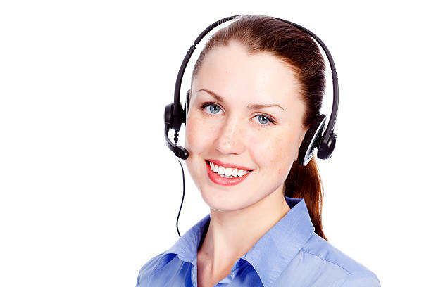 bella donna di operatore servizio clienti - white collar worker global communications side view headset foto e immagini stock