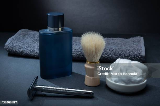 Closeup Of Mens Toilet Accessories A Razor A Shaving Brush And Some Shaving Foam Stock Photo - Download Image Now