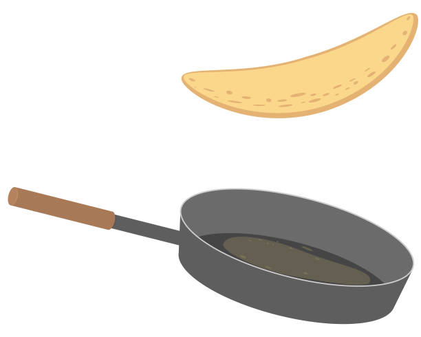 toss the pancake in the pan. concept: world pancake day, cooking, recipe. vector flat cartoon illustration isolated on white background, eps 10. - 懺悔星期二 幅插畫檔、美工圖案、卡通及圖標