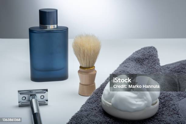 Closeup Of Mens Toilet Accessories A Razor A Shaving Brush And Some Shaving Foam Stock Photo - Download Image Now
