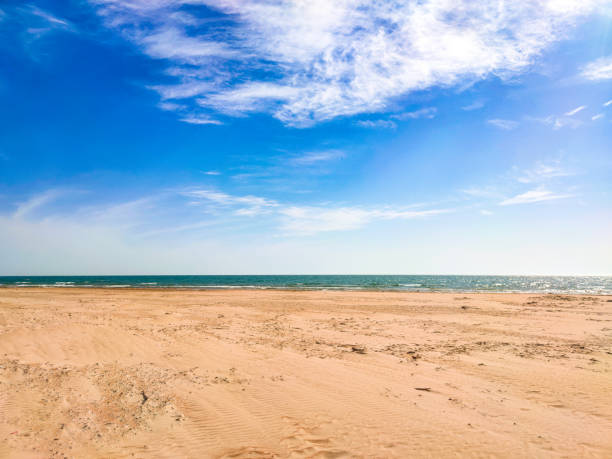 istock Empty sandy beach overlooking the sea and the blue sky with white clouds 1363861596