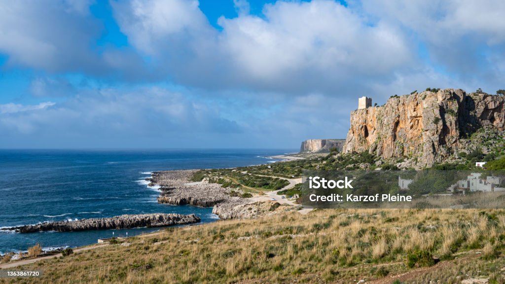View of Macari. San Vito Lo Capo, Sicily, Italy. Sea, cliff and tower. San Vito Lo Capo Stock Photo