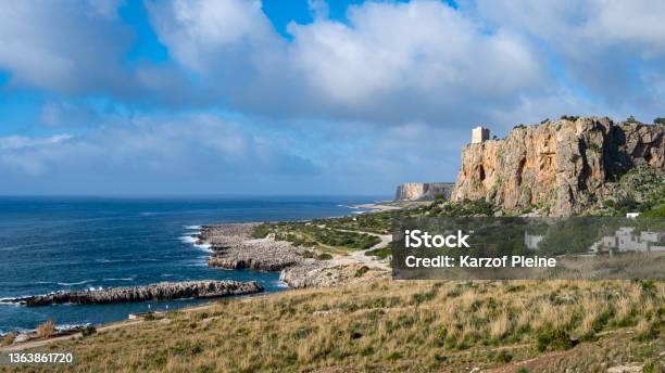 View Of Macari San Vito Lo Capo Sicily Italy Sea Cliff And Tower Stock Photo - Download Image Now