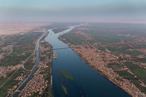 Elevated view of the river Nile in Egypt from a hot air balloon.