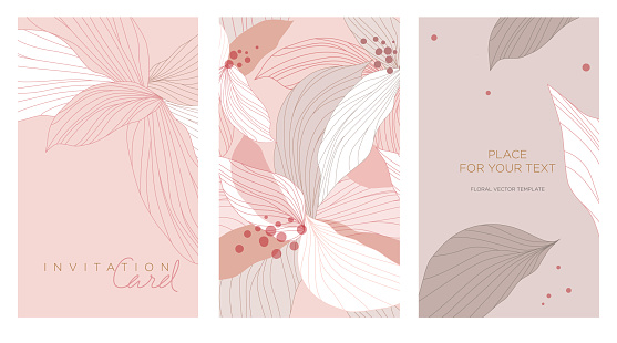 Pink abstract flowers and leaves drawn by a line. Background for the invitation, shop, beauty salon, spa