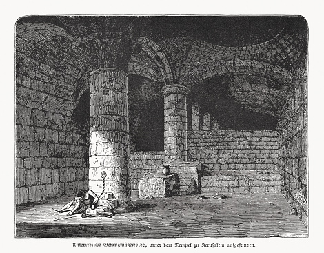 Underground vaults under the Temple of Jerusalem. Archaeological find in the past. Wood engraving, published in 1862.