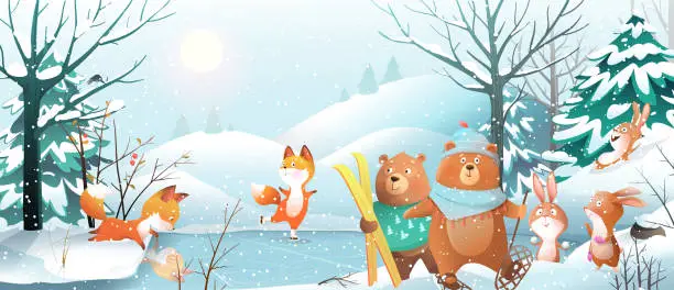 Vector illustration of Animals Christmas in Forest Winter Landscape