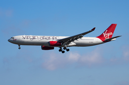 London, United Kingdom - April 27, 2016: Virgin Atlantic Airways passenger plane at airport. Schedule flight travel. Aviation and aircraft. Air transport. Global international transportation. Fly and flying.