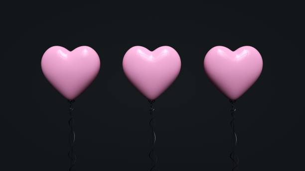 globos de corazón rosa pastel sobre negro - ilustración 3d - balloon pink black anniversary fotografías e imágenes de stock