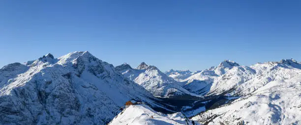 Aerial view panorama of the ski-resort Lech in winter. Vorarlberg, Austria