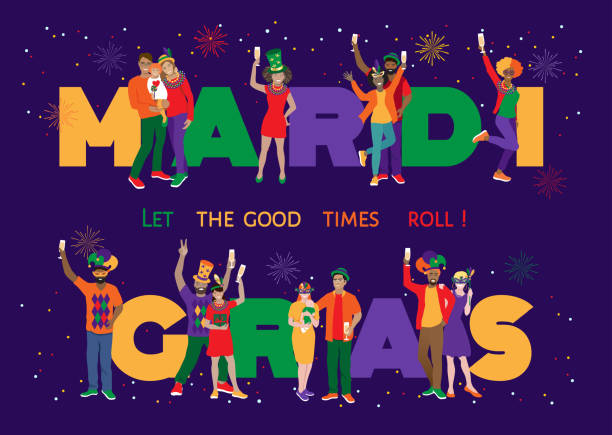 Mardi Gras big letters poster Mardi Gras celebration, vector banner. Happy cheerful friends wearing funny costumes, masks, feathers, necklaces, dancing at big letters. New Orlean traditional party event flyer, banner, invitation. carnival mask women party stock illustrations