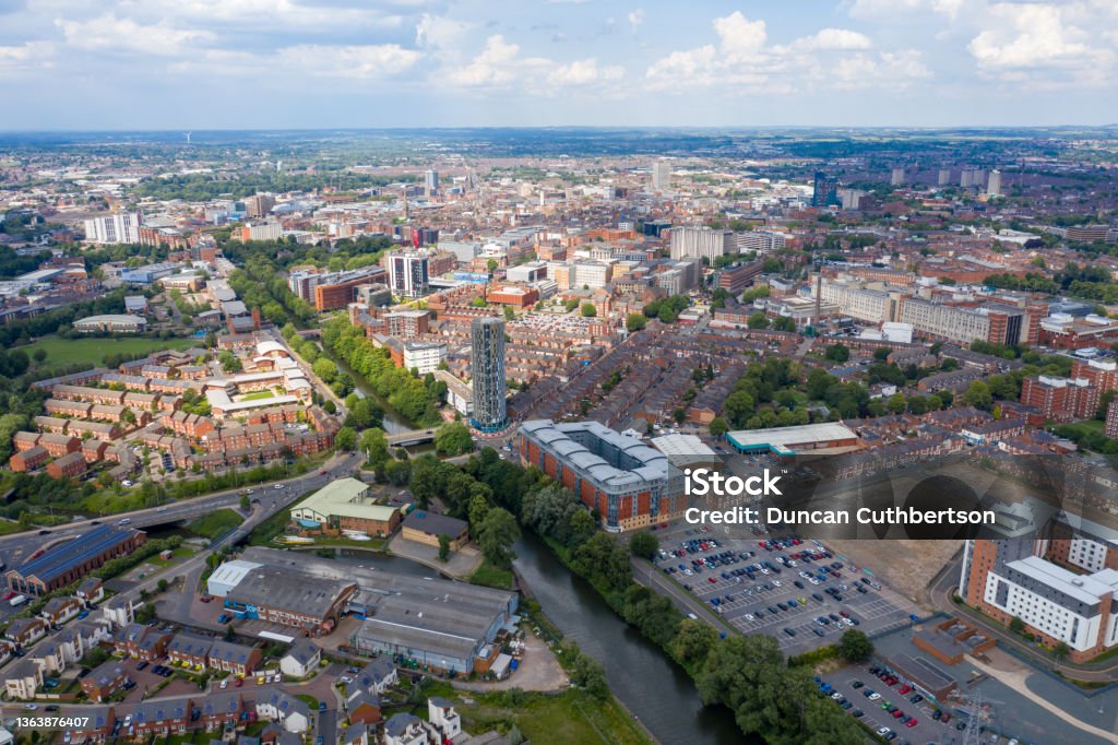 Aerial photo of the city centre of Leicester in the UK showing houses and apartment building on a sunny summers day Leicester Stock Photo
