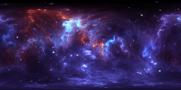 Panorama de nebulosa espacial de 360 grados, proyección equirectangular, mapa del entorno. Panorama esférico HDRI. Fondo espacial con nebulosa y estrellas. photo