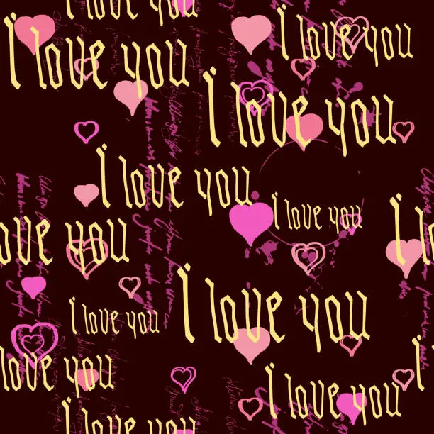 Vector illustration of Seamless pattern Gothic Text I love you, hand written words.Sketch, doodle, lettering, hearts, happy valentines day. Vector illustration pink background