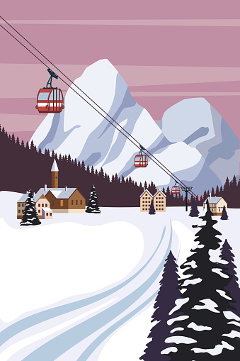 Vintage Mountain winter resort village Alps, Switzerland. Snow landscape peaks, slopes with red gondola lift. Travel retro poster, vector illustration flat style